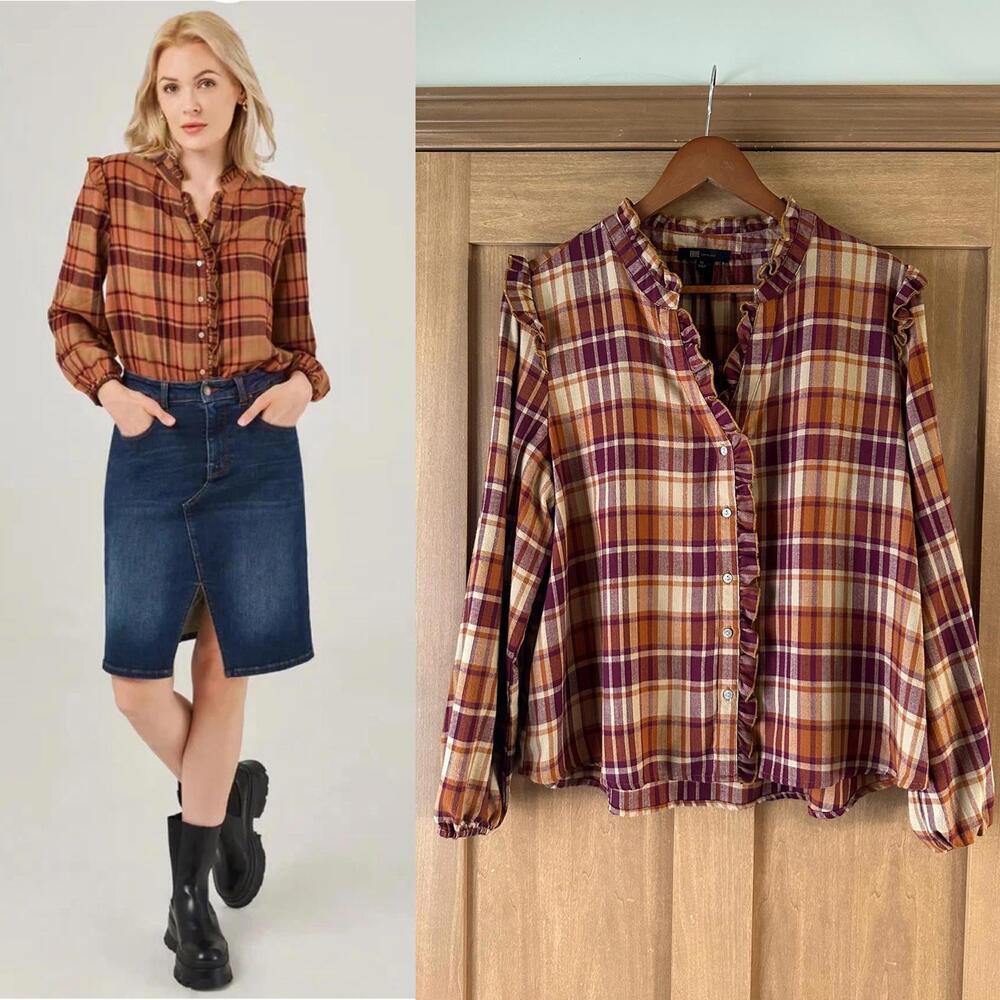 Frye Ruffle Plaid Flannel Button Down Blouse Women’s size XL​